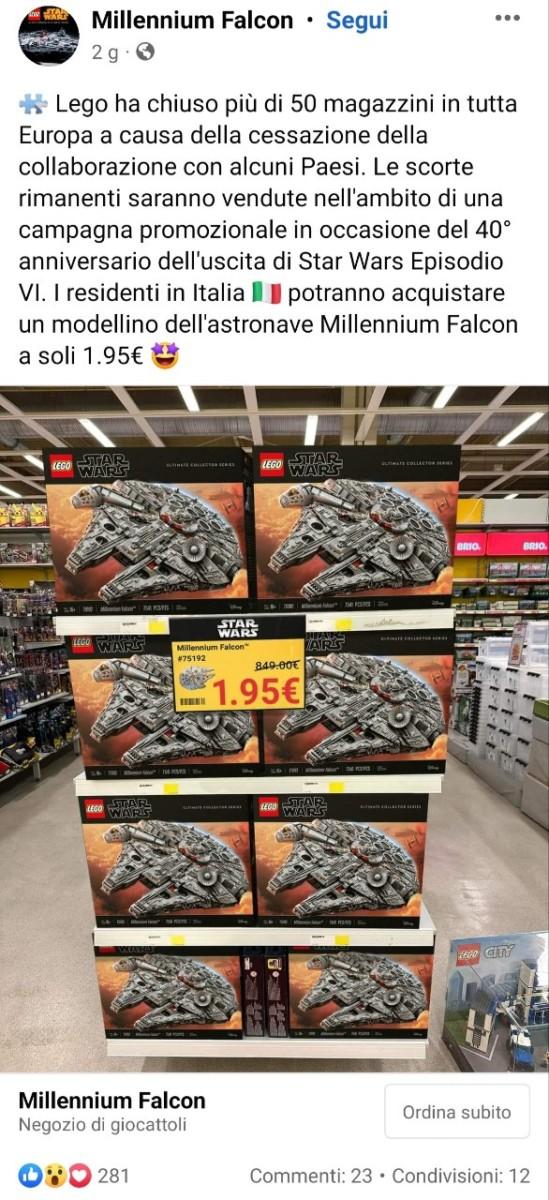 phishing facebook lego millennium falcon 2€ post annuncio offerta